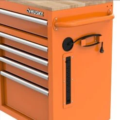 Husky 46 In. W X 18 In. D 9-Drawer Gloss Orange Mobile Workbench Cabinet With Solid Wood Top -Husky Tools Shop gloss orange husky mobile workbenches h46x18mwc9org 4f 1000