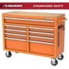 Husky 46 In. W X 18 In. D 9-Drawer Gloss Orange Mobile Workbench Cabinet With Solid Wood Top -Husky Tools Shop gloss orange husky mobile workbenches h46x18mwc9org 64 1000