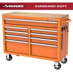 Husky 46 In. W X 18 In. D 9-Drawer Gloss Orange Mobile Workbench Cabinet With Solid Wood Top