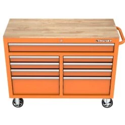 Husky 46 In. W X 18 In. D 9-Drawer Gloss Orange Mobile Workbench Cabinet With Solid Wood Top -Husky Tools Shop gloss orange husky mobile workbenches h46x18mwc9org a0 1000
