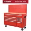 Husky 52 In. W 10-Drawer Gloss Red Mobile Workbench Cabinet With Solid Wood Top And Pegboard 1 Husky 52 In. W 10-Drawer Gloss Red Mobile Workbench Cabinet With Solid Wood Top And Pegboard -Husky Tools Shop gloss red husky mobile workbenches h52mwc10modredp 64 1000
