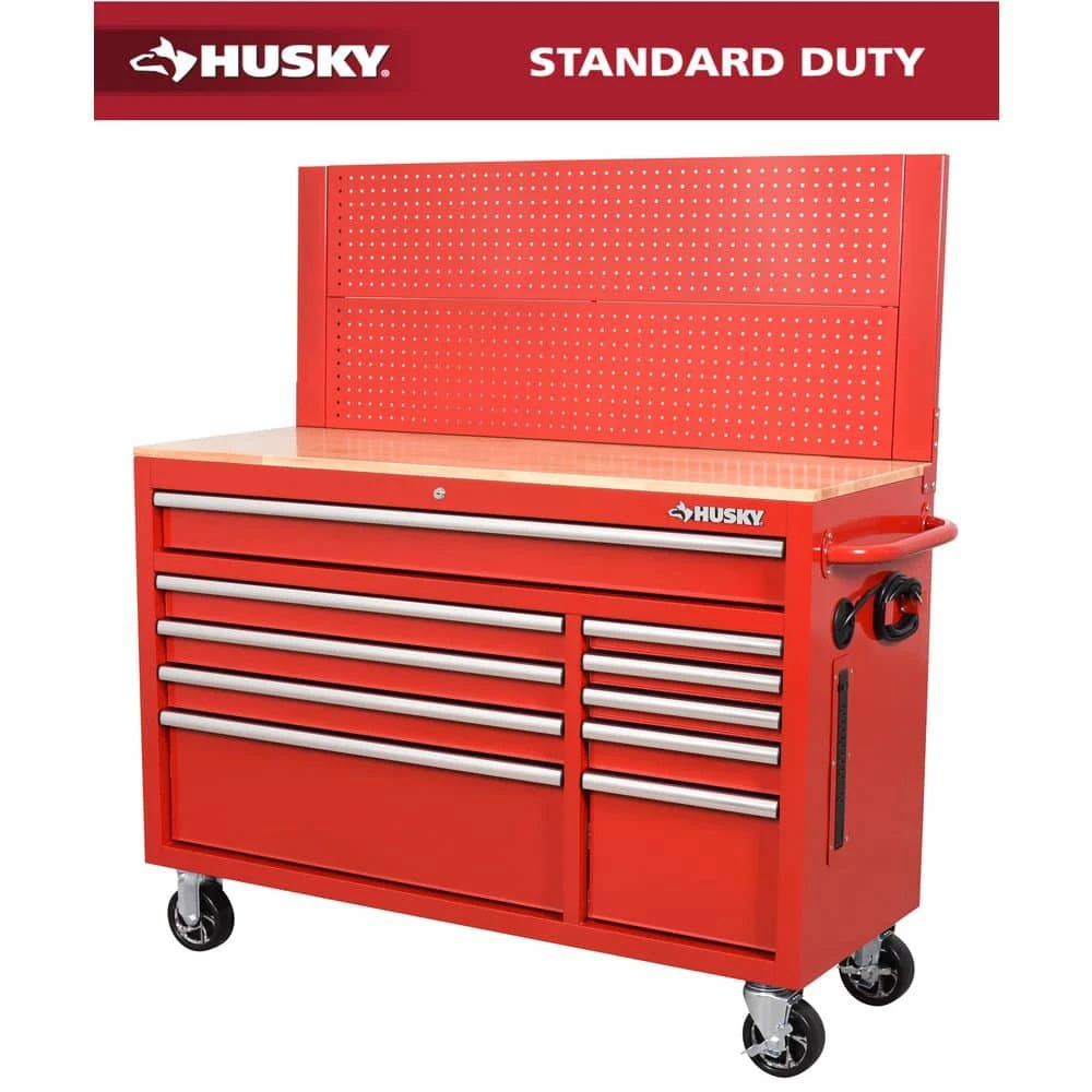 Husky 52 In. W 10-Drawer Gloss Red Mobile Workbench Cabinet With Solid Wood Top And Pegboard 3 Husky 52 In. W 10-Drawer Gloss Red Mobile Workbench Cabinet With Solid Wood Top And Pegboard