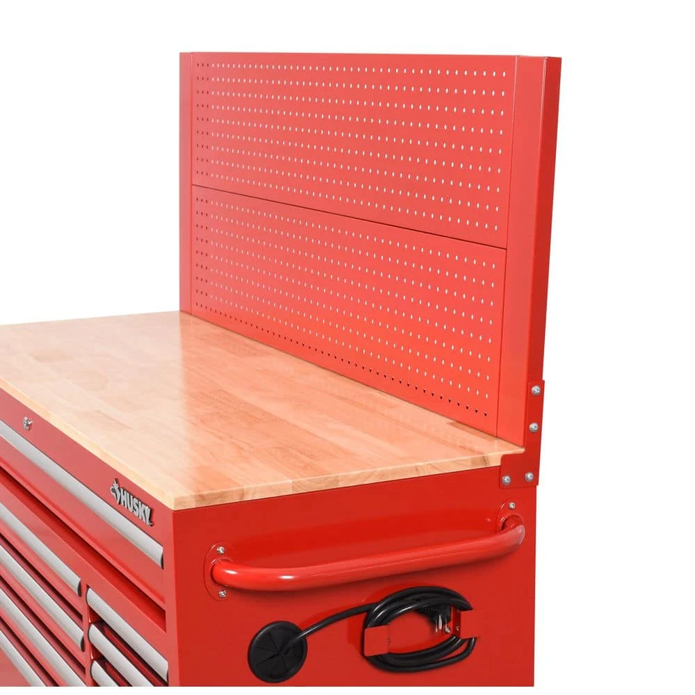 Husky 52 In. W 10-Drawer Gloss Red Mobile Workbench Cabinet With Solid Wood Top And Pegboard 9 Husky 52 In. W 10-Drawer Gloss Red Mobile Workbench Cabinet With Solid Wood Top And Pegboard - Image 7