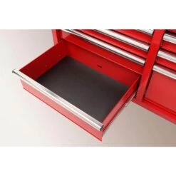 Husky 42 In. W X 18.1 In. D Standard Duty 10-Drawer Mobile Workbench Tool Chest With Solid Wood Top In Gloss Red -Husky Tools Shop gloss red with silver finishes husky mobile workbenches h42mwc10r tl 1f 1000