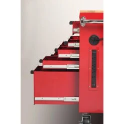 Husky 42 In. W X 18.1 In. D Standard Duty 10-Drawer Mobile Workbench Tool Chest With Solid Wood Top In Gloss Red -Husky Tools Shop gloss red with silver finishes husky mobile workbenches h42mwc10r tl 4f 1000