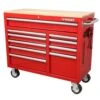 Husky 42 In. W X 18.1 In. D Standard Duty 10-Drawer Mobile Workbench Tool Chest With Solid Wood Top In Gloss Red -Husky Tools Shop gloss red with silver finishes husky mobile workbenches h42mwc10r tl 64 1000