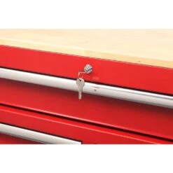 Husky 42 In. W X 18.1 In. D Standard Duty 10-Drawer Mobile Workbench Tool Chest With Solid Wood Top In Gloss Red -Husky Tools Shop gloss red with silver finishes husky mobile workbenches h42mwc10r tl 76 1000