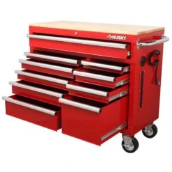 Husky 42 In. W X 18.1 In. D Standard Duty 10-Drawer Mobile Workbench Tool Chest With Solid Wood Top In Gloss Red -Husky Tools Shop gloss red with silver finishes husky mobile workbenches h42mwc10r tl 77 1000