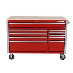 Husky Tool Storage 52 In. W X 25 In. D 10-Drawer Standard Duty Gloss Red Mobile Workbench Tool Chest -Husky Tools Shop gloss red with silver trim husky mobile workbenches h52mwc10red 4f 1000