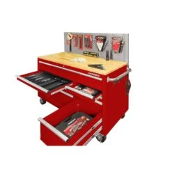 Husky 52 In. W X 24.5 In. D 9-Drawer Standard Duty Mobile Workbench Tool Chest With Solid Work Top And Pegboard In Gloss Red -Husky Tools Shop gloss red with silver trim husky mobile workbenches hotc5209b23m 77 1000