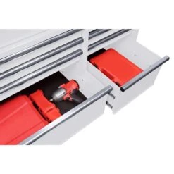 Husky 52 In. W X 25 In. D Standard Duty 9-Drawer Mobile Workbench Tool Chest With Solid Wood Top In Gloss White -Husky Tools Shop gloss white with silver trim husky mobile workbenches hotc5209bj1m 66 1000