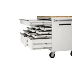 Husky 52 In. W X 25 In. D Standard Duty 9-Drawer Mobile Workbench Tool Chest With Solid Wood Top In Gloss White -Husky Tools Shop gloss white with silver trim husky mobile workbenches hotc5209bj1m a0 1000
