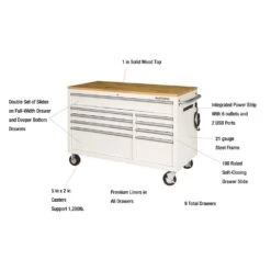 Husky 52 In. W X 24.5 In. D 9-Drawer Standard Duty Mobile Workbench Tool Chest With Solid Work Top And Pegboard In Gloss White -Husky Tools Shop gloss white with silver trim husky mobile workbenches hotc5209bj2m 76 1000