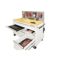 Husky 52 In. W X 24.5 In. D 9-Drawer Standard Duty Mobile Workbench Tool Chest With Solid Work Top And Pegboard In Gloss White -Husky Tools Shop gloss white with silver trim husky mobile workbenches hotc5209bj2m 77 1000