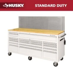 Husky 72 In. W X 24 In. D 18-Drawer Standard Duty Mobile Workbench Tool Chest With Solid Wood Top And Pegboard In Gloss White