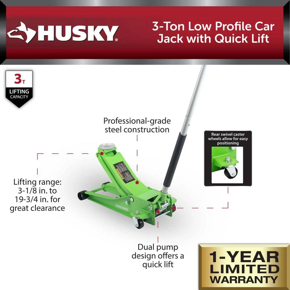 Husky 3-Ton Green Low Profile Floor Jack With Quick Lift 4 Husky 3-Ton Green Low Profile Floor Jack With Quick Lift - Image 2