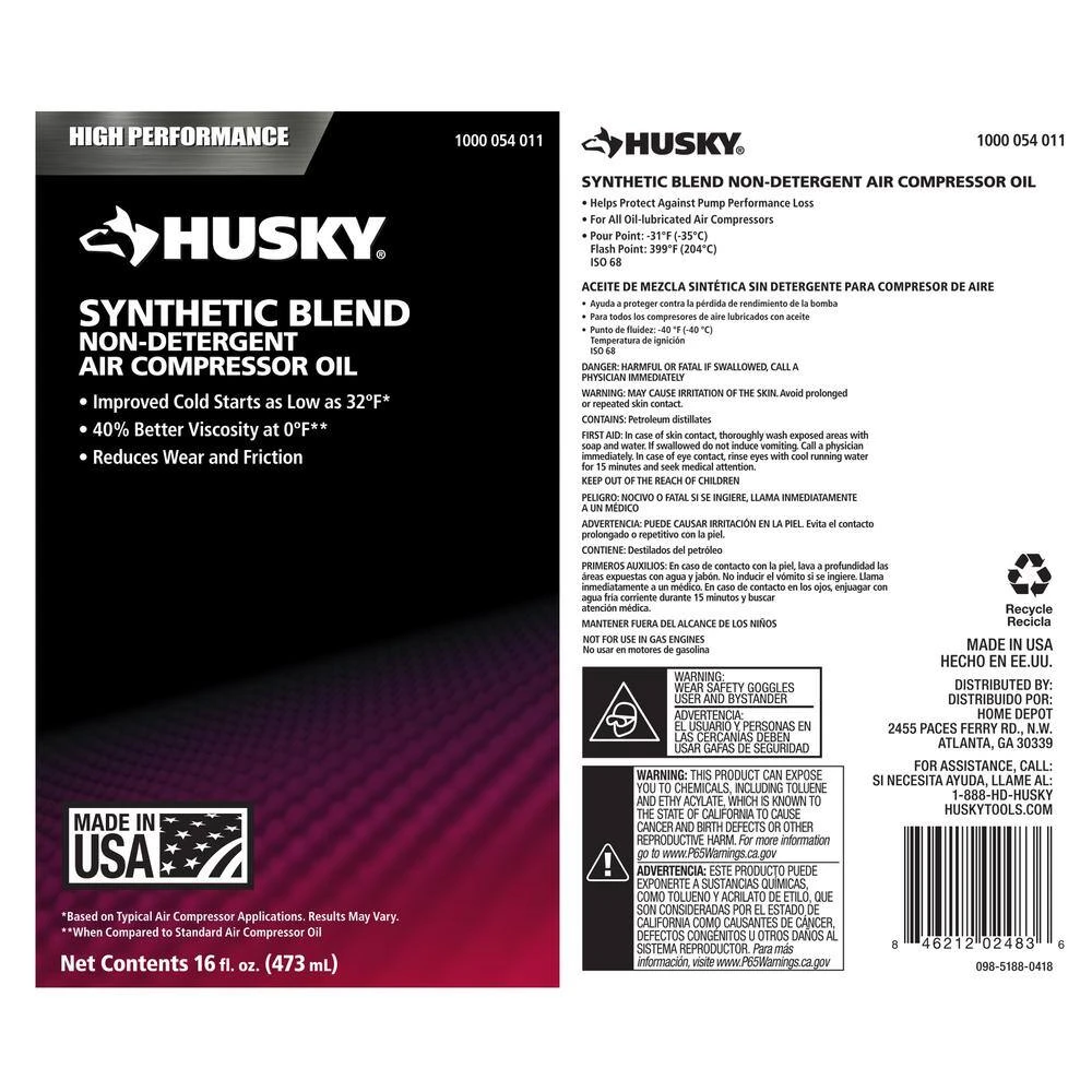 Husky Synthetic Blend Non-Detergent Oil Air Compressor 5 Husky Synthetic Blend Non-Detergent Oil Air Compressor - Image 3