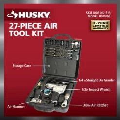 Husky 4-Pc Air Tool Kit With 1/2 In. Impact, 3/8 In. Ratchet, Die Grinder, Hammer, Sockets, Chisels, Grinding Stones -27 Pcs -Husky Tools Shop husky air tool kits hdk1008 40 1000