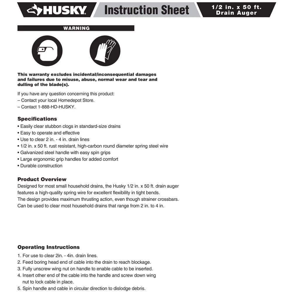 Husky 1/2 In. X 50 Ft. Heavy‑Duty Manual Drain Auger For Clogged Sink, Shower And Floor Drains 5 Husky 1/2 In. X 50 Ft. Heavy‑Duty Manual Drain Auger For Clogged Sink, Shower And Floor Drains - Image 3