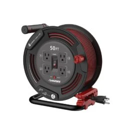 Husky 50 Ft. 14/3 13AMP Retractable Extension Cord Reel With 4 Grounded Outlets Black