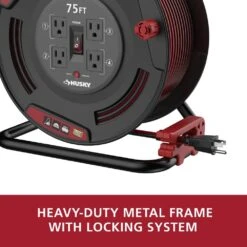 Husky 75 Ft. 12/3 13 Amp Retractable Extension Cord Reel With 4 Grounded Outlets Black -Husky Tools Shop husky extension cord reels em hsk 750n 1f 1000