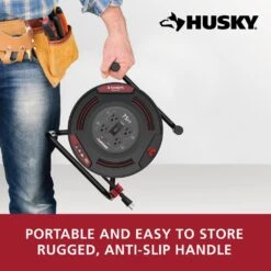 Husky 75 Ft. 12/3 13 Amp Retractable Extension Cord Reel With 4 Grounded Outlets Black -Husky Tools Shop husky extension cord reels em hsk 750n 44 1000