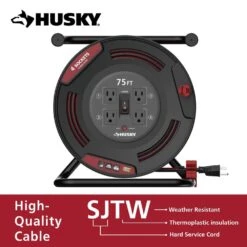 Husky 75 Ft. 12/3 13 Amp Retractable Extension Cord Reel With 4 Grounded Outlets Black -Husky Tools Shop husky extension cord reels em hsk 750n 4f 1000
