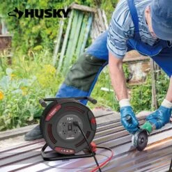 Husky 75 Ft. 12/3 13 Amp Retractable Extension Cord Reel With 4 Grounded Outlets Black -Husky Tools Shop husky extension cord reels em hsk 750n 66 1000