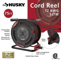 Husky 75 Ft. 12/3 13 Amp Retractable Extension Cord Reel With 4 Grounded Outlets Black -Husky Tools Shop husky extension cord reels em hsk 750n c3 1000