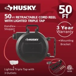 Husky 50 Ft. 14/3 Medium Duty 13-Amps Indoor Extension Cord Reel With Multiple Outlet Triple Tap End, Black -Husky Tools Shop husky extension cord reels lts xp001 31 1000
