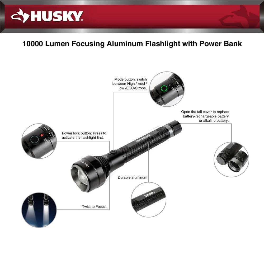 Husky 10000 Lumens Dual Power Aluminum Flashlight 7.4-Volt 4600mAh Rechargeable Replacement Battery 4 Husky 10000 Lumens Dual Power Aluminum Flashlight 7.4-Volt 4600mAh Rechargeable Replacement Battery - Image 2