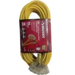 Husky 50 Ft. 14/3 Medium Duty Indoor/Outdoor Extension Cord With Multiple Outlet Triple Tap Lighted End, Yellow -Husky Tools Shop husky general purpose cords sjtw143050tripl 1f 1000