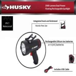 Husky 2500 Lumens Dual Power Floating Rechargeable Spotlight -Husky Tools Shop husky handheld spotlights 90711 fa 1000