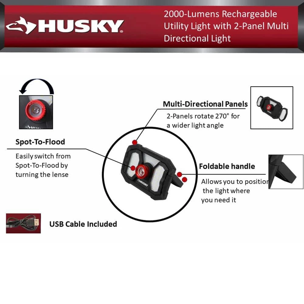 Husky 2000 Lumens LED Dual Panel Focusing Rechargeable Utility Light 15 Husky 2000 Lumens LED Dual Panel Focusing Rechargeable Utility Light - Image 13