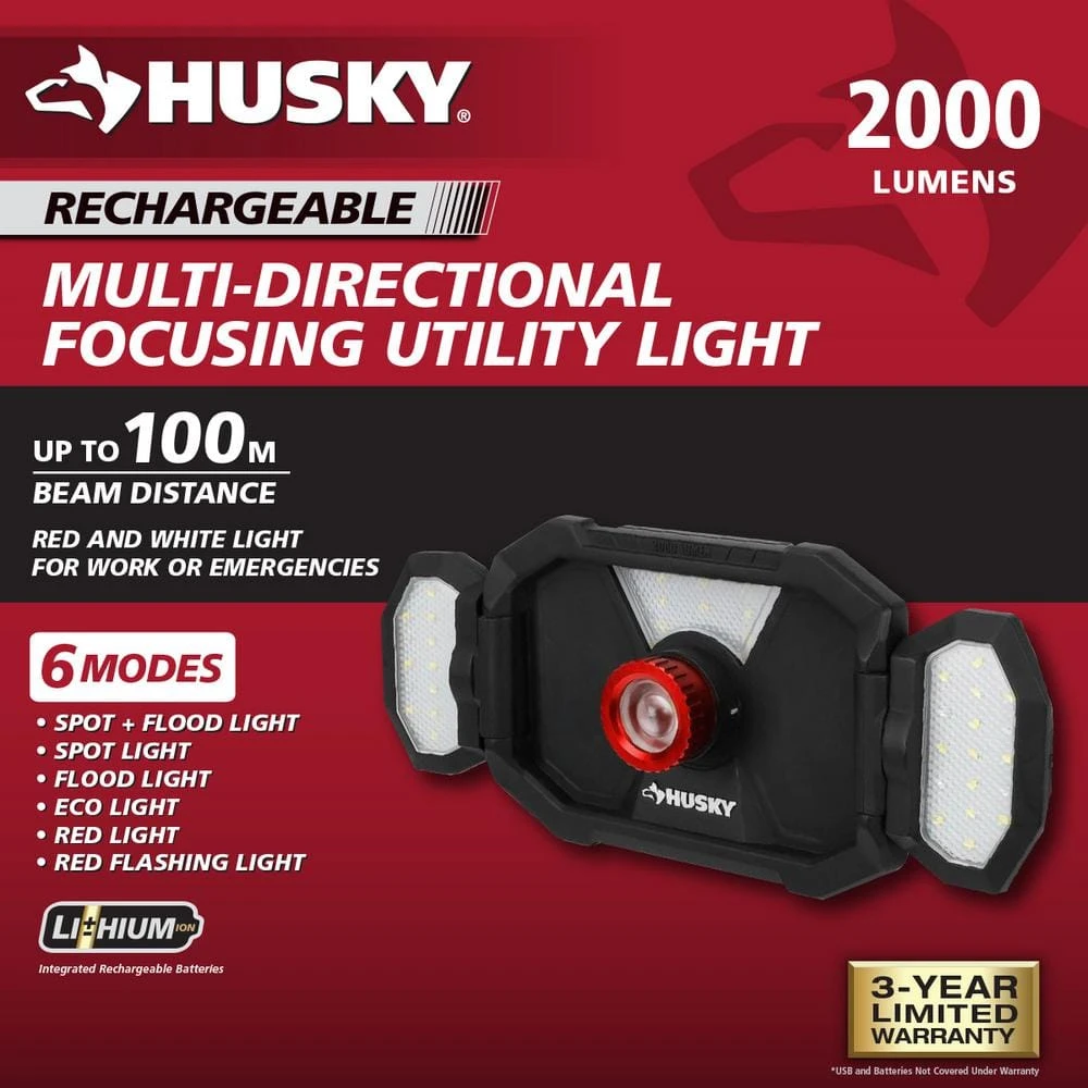 Husky 2000 Lumens LED Dual Panel Focusing Rechargeable Utility Light 4 Husky 2000 Lumens LED Dual Panel Focusing Rechargeable Utility Light - Image 2