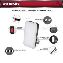 Husky 500 Lumens 3-in-1 Rechargeable Utility Light With 10000 MAh Power Bank -Husky Tools Shop husky handheld spotlights 91400 4f 1000