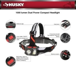 Husky 1000 Lumens Dual Power Compact Rechargeable Headlamp -Husky Tools Shop husky headlamps 91308 4f 1000