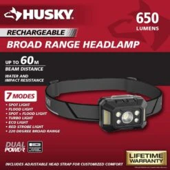 Husky 650 Lumens Dual-Power Broad Range LED Headlamp 7 Modes With USB Port And Rechargeable Battery -Husky Tools Shop husky headlamps hsky650dphl 40 1000