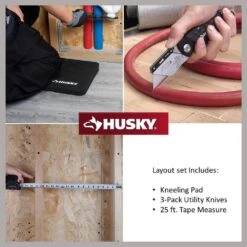 Husky Layout Set - 25 Ft. Tape Measure, 3-Pack Folding Utility Knife Set(Lock-Back/Textured Grip) And Kneeling Pad -Husky Tools Shop husky home tool kits 90971 40 1000