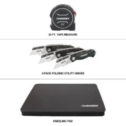 Husky Layout Set - 25 Ft. Tape Measure, 3-Pack Folding Utility Knife Set(Lock-Back/Textured Grip) And Kneeling Pad -Husky Tools Shop husky home tool kits 90971 c3 1000