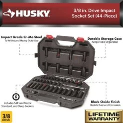 Husky 3/8 In. Drive SAE/Metric 6-Point Impact Socket Set (44-Piece) -Husky Tools Shop husky impact socket sets h3d44pcimpsas a0 1000