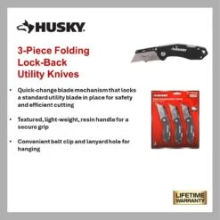 HUSKY 3-PACK FOLDING LOCK-BACK Utility Knife -Husky Tools Shop husky knife sets 00073 40 1000