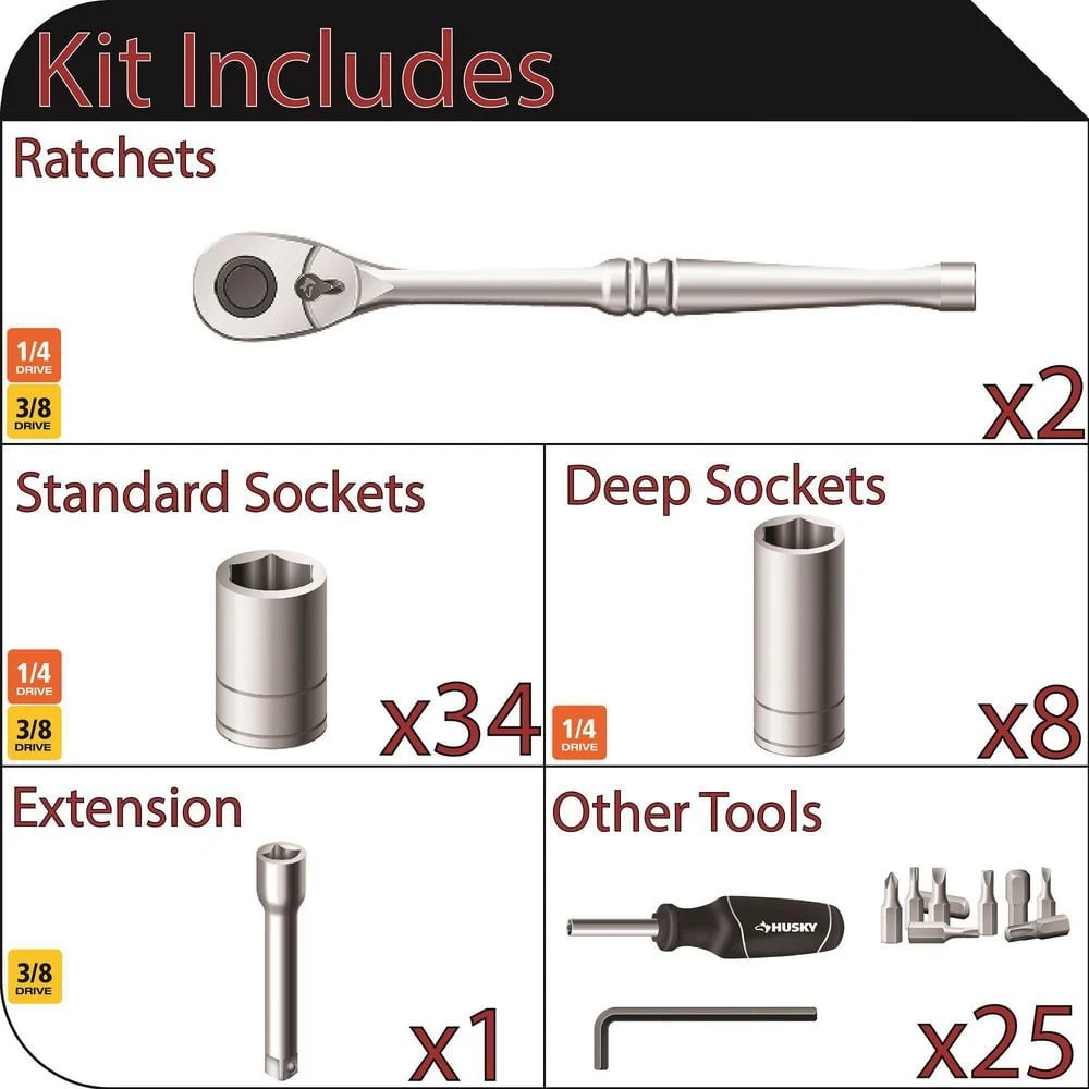 Husky 1/4 In. And 3/8 In. 72-Tooth Ratchet Mechanics Tool Set In EVA (70-Piece) 4 Husky 1/4 In. And 3/8 In. 72-Tooth Ratchet Mechanics Tool Set In EVA (70-Piece) - Image 2