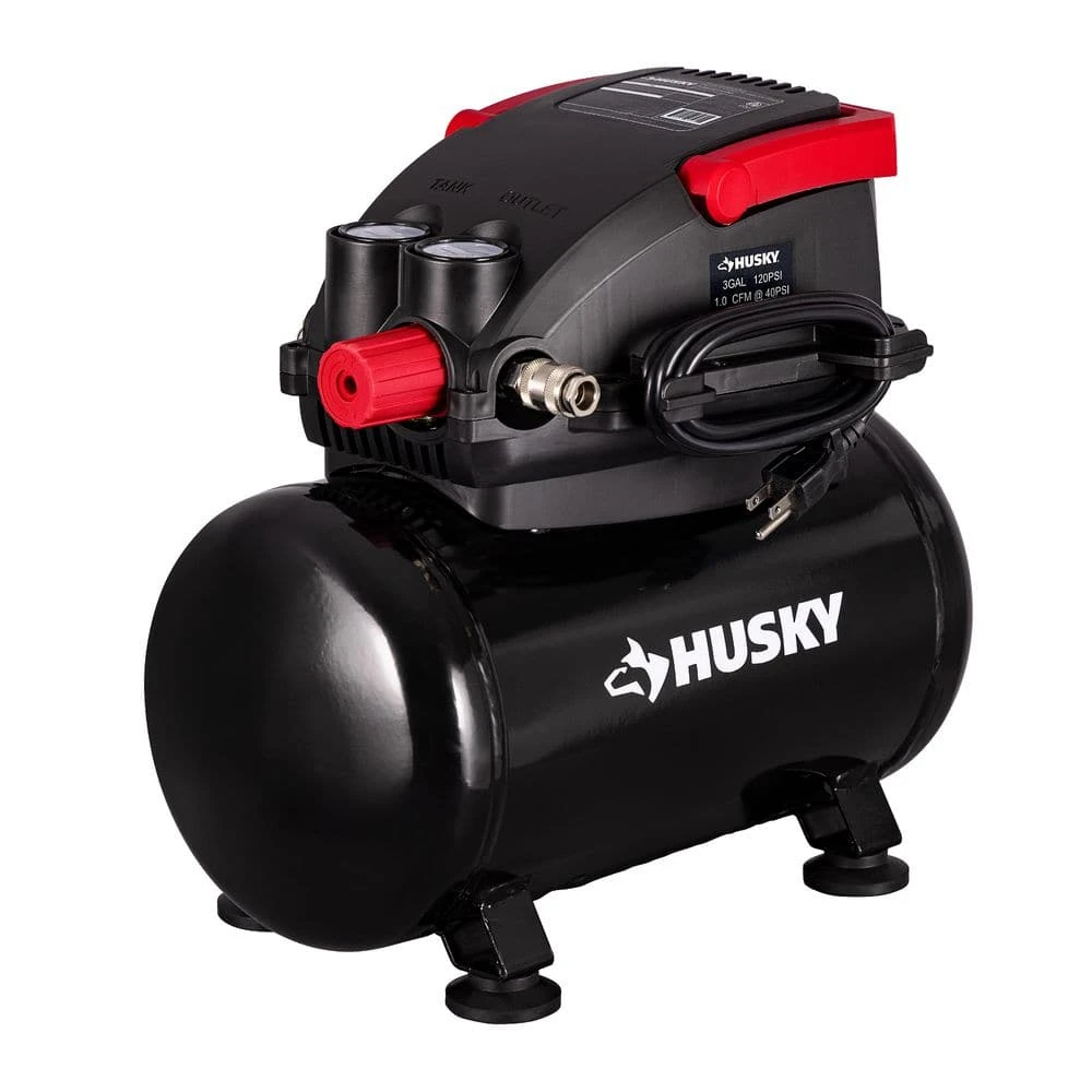 Husky 3 Gal. 120 PSI Portable Electric Oil-Free Light Duty Hotdog Air Compressor With Fold Down Handle And 1-Quick Coupler 3 Husky 3 Gal. 120 PSI Portable Electric Oil-Free Light Duty Hotdog Air Compressor With Fold Down Handle And 1-Quick Coupler