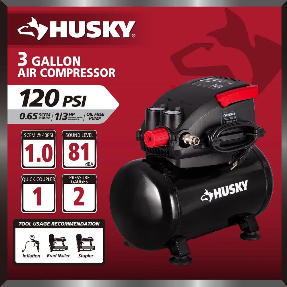 Husky 3 Gal. 120 PSI Portable Electric Oil-Free Light Duty Hotdog Air Compressor With Fold Down Handle And 1-Quick Coupler 6 Husky 3 Gal. 120 PSI Portable Electric Oil-Free Light Duty Hotdog Air Compressor With Fold Down Handle And 1-Quick Coupler - Image 4