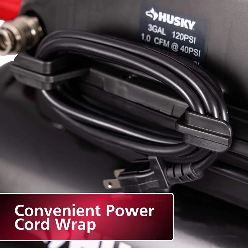 Husky 3 Gal. 120 PSI Portable Electric Oil-Free Light Duty Hotdog Air Compressor With Fold Down Handle And 1-Quick Coupler 13 Husky 3 Gal. 120 PSI Portable Electric Oil-Free Light Duty Hotdog Air Compressor With Fold Down Handle And 1-Quick Coupler - Image 11