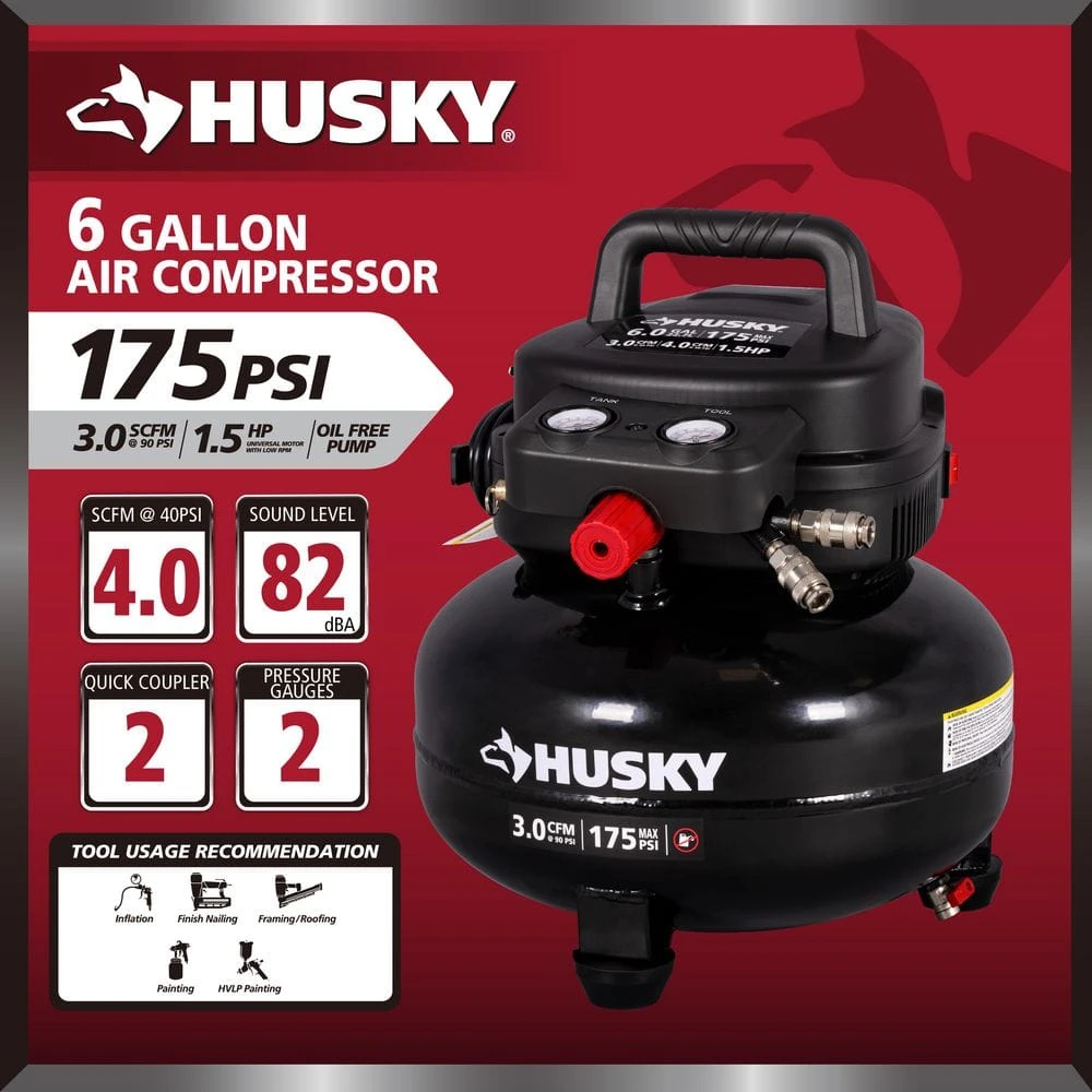 Husky 6 Gal. 175 PSI Electric Oil-Free High Performance Jobsite Pancake Air Compressor With Dual Gauges And 2-Quick Couplers 6 Husky 6 Gal. 175 PSI Electric Oil-Free High Performance Jobsite Pancake Air Compressor With Dual Gauges And 2-Quick Couplers - Image 4