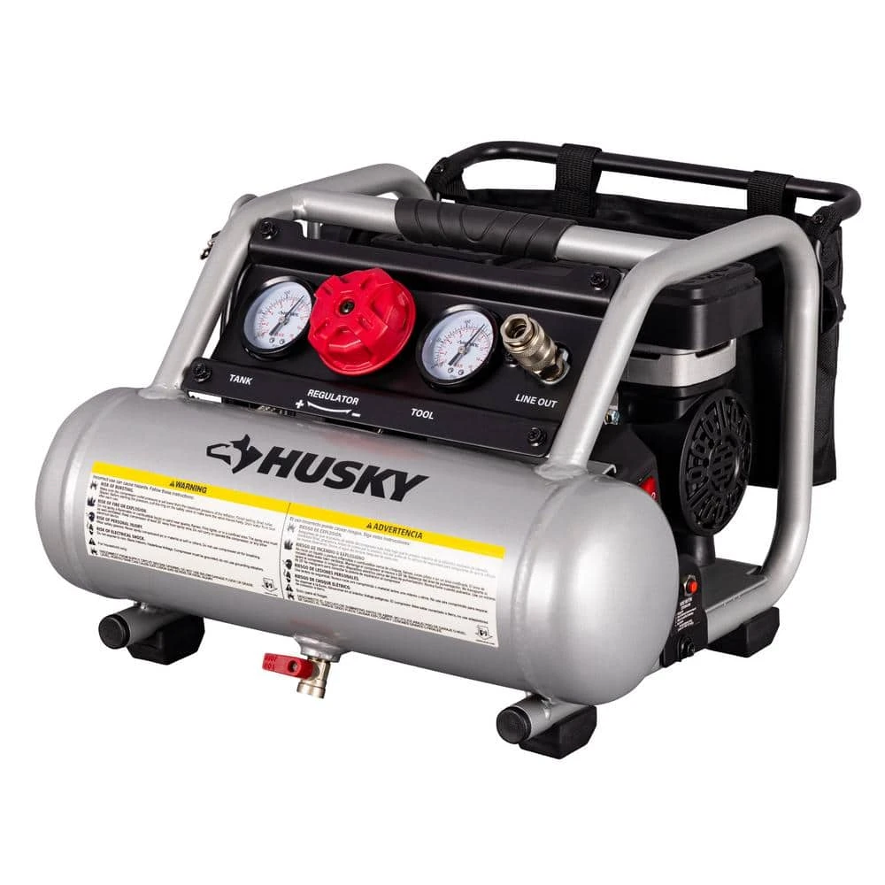 Husky 1 Gal. 135 PSI Portable Electric Oil-Free Quiet Jobsite Air Compressor With Dual Pressure Gauges And 1-Quick Coupler 3 Husky 1 Gal. 135 PSI Portable Electric Oil-Free Quiet Jobsite Air Compressor With Dual Pressure Gauges And 1-Quick Coupler