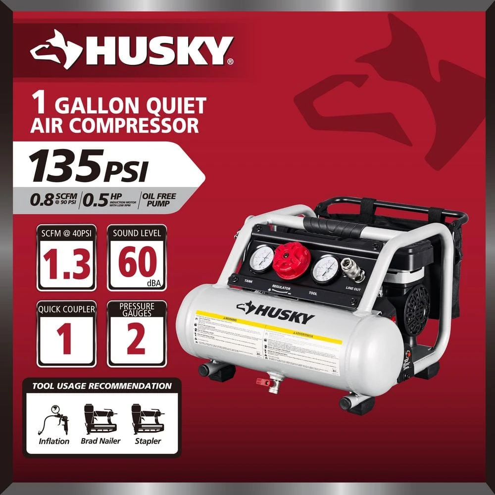 Husky 1 Gal. 135 PSI Portable Electric Oil-Free Quiet Jobsite Air Compressor With Dual Pressure Gauges And 1-Quick Coupler 6 Husky 1 Gal. 135 PSI Portable Electric Oil-Free Quiet Jobsite Air Compressor With Dual Pressure Gauges And 1-Quick Coupler - Image 4