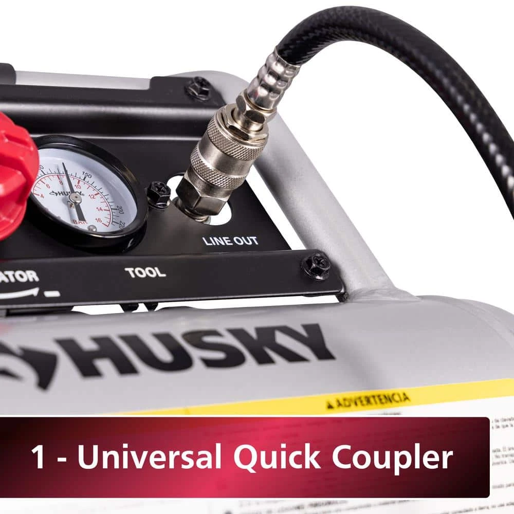 Husky 1 Gal. 135 PSI Portable Electric Oil-Free Quiet Jobsite Air Compressor With Dual Pressure Gauges And 1-Quick Coupler 9 Husky 1 Gal. 135 PSI Portable Electric Oil-Free Quiet Jobsite Air Compressor With Dual Pressure Gauges And 1-Quick Coupler - Image 7